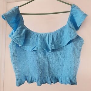 American Eagle Outfitters Blue Ruffled Smocked Crop Top